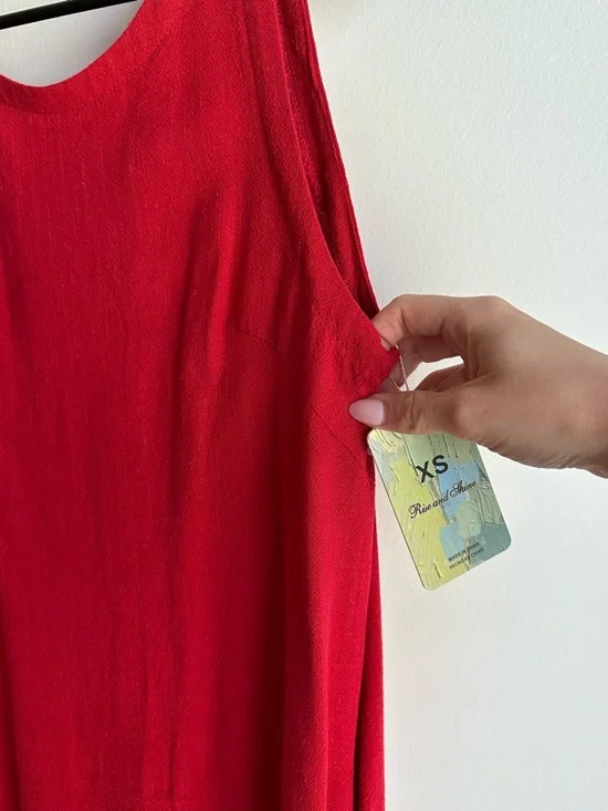 Red Sleeveless Shift Cotton/Linen Blend Dress - Classic Women's Dress - Picture 3 of 7